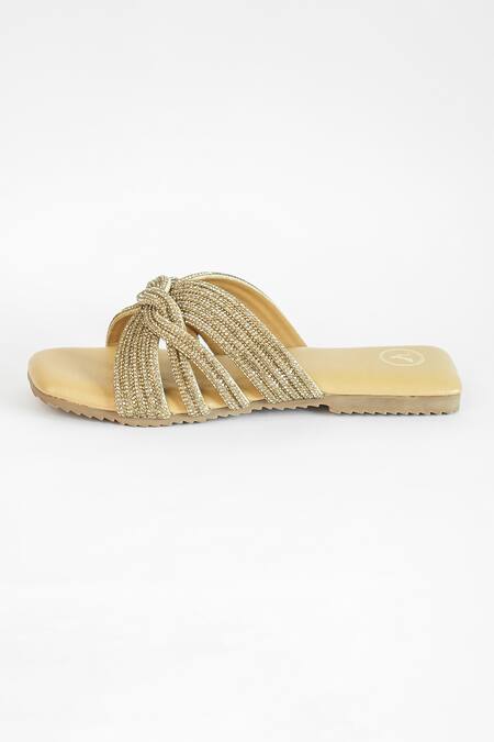 Sana K luxurious Footwear_Gold Twister Embellished Flats _at_Aza_Fashions