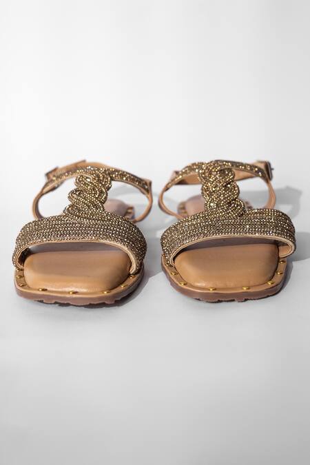 Sana K luxurious Footwear_Brown Twister Stud Embellished Flats _Online_at_Aza_Fashions