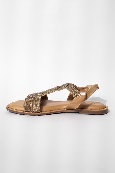 Shop_Sana K luxurious Footwear_Brown Twister Stud Embellished Flats _Online_at_Aza_Fashions