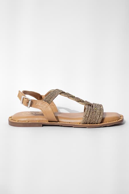 Sana K luxurious Footwear_Brown Twister Stud Embellished Flats _at_Aza_Fashions