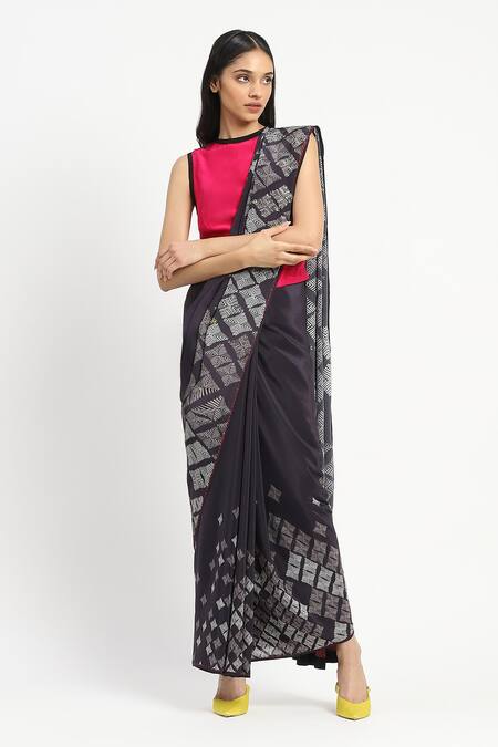 Satya Paul_Black Silk, Crepe Crystals Nyx Embellished Saree With Unstitched Blouse Piece _at_Aza_Fashions