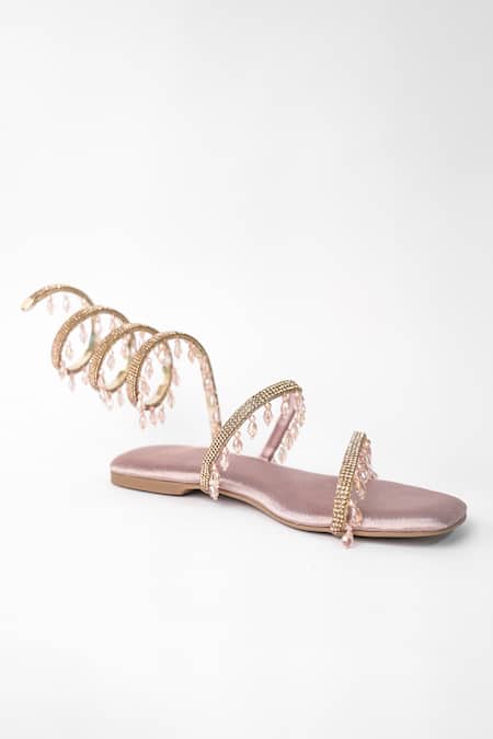 Buy_Sana K luxurious Footwear_Pink Rhinestone And Crystal Bead Embellished Gladiator Flats 