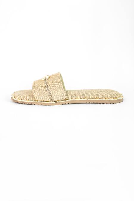 Shop_Sana K luxurious Footwear_Beige Logo Embellished Jute Flats _Online_at_Aza_Fashions