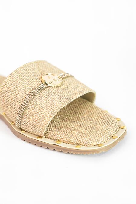 Buy_Sana K luxurious Footwear_Beige Logo Embellished Jute Flats 