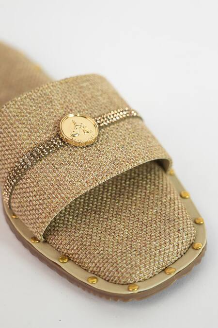 Shop_Sana K luxurious Footwear_Beige Logo Embellished Jute Flats 