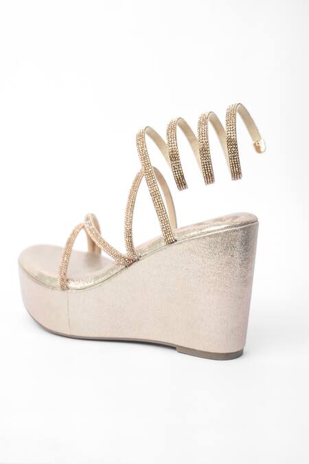Buy_Sana K luxurious Footwear_Gold Rhinestones Embellished Gladiator Wedges 