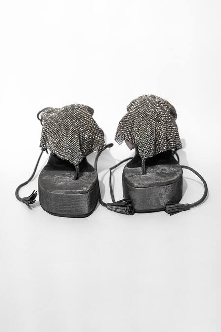 Sana K luxurious Footwear_Grey Rhinestones Falling Mesh Embellished Elevated Heels _Online_at_Aza_Fashions