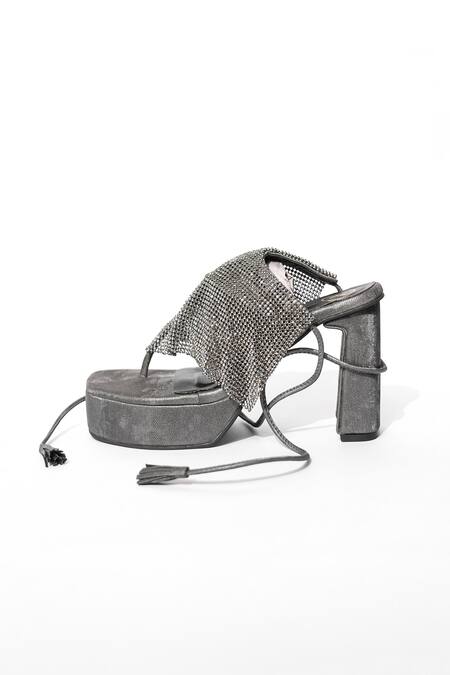 Buy_Sana K luxurious Footwear_Grey Rhinestones Falling Mesh Embellished Elevated Heels _Online_at_Aza_Fashions