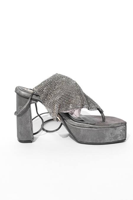Shop_Sana K luxurious Footwear_Grey Rhinestones Falling Mesh Embellished Elevated Heels _Online_at_Aza_Fashions