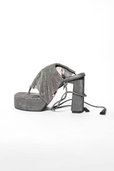 Sana K luxurious Footwear_Grey Rhinestones Falling Mesh Embellished Elevated Heels _at_Aza_Fashions