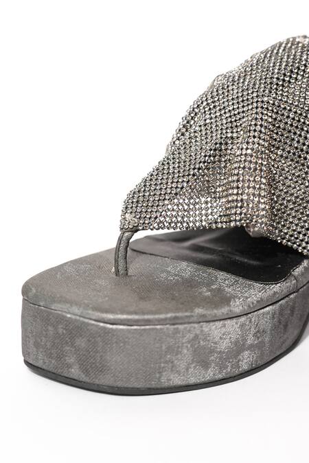 Buy_Sana K luxurious Footwear_Grey Rhinestones Falling Mesh Embellished Elevated Heels 