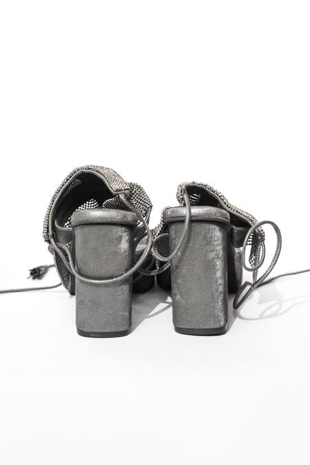 Shop_Sana K luxurious Footwear_Grey Rhinestones Falling Mesh Embellished Elevated Heels 
