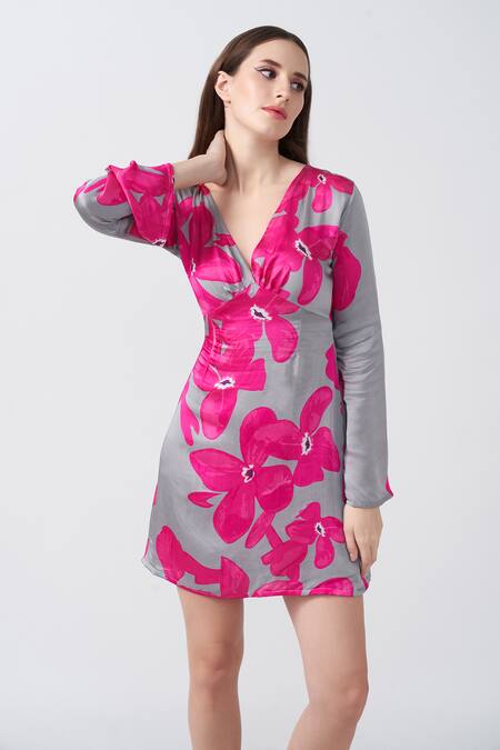 Buy_House Of Varada_Grey Modal, Satin V-neck Floral Print Bell Sleeve Dress _Online_at_Aza_Fashions