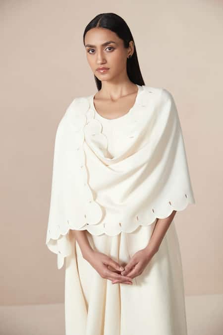 Shop Ampm Ivory Dahlia Scallop Trimmed Scarf at Aza Fashions Shop_Ampm_Ivory Dahlia Scallop Trimmed Scarf _at_Aza_Fashions