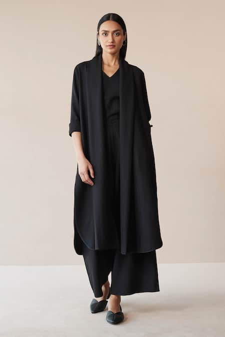 AMPM Black Wool Plain Folded Collar Adele Throw Jacket And Palazzo Set 