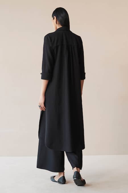 Shop Ampm Black Wool Collared, V-neck Adele Plain Throw Jacket And Palazzo Set at Aza Fashions Shop_Ampm_Black Wool Collared, V-neck Adele Plain Throw Jacket And Palazzo Set _at_Aza_Fashions