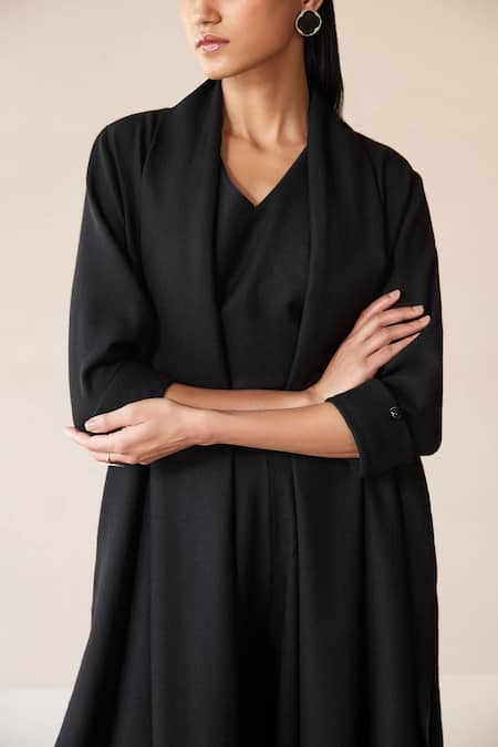 Shop Ampm Black Wool Collared, V-neck Adele Plain Throw Jacket And Palazzo Set Online at Aza Fashions Shop_Ampm_Black Wool Collared, V-neck Adele Plain Throw Jacket And Palazzo Set _Online_at_Aza_Fashions