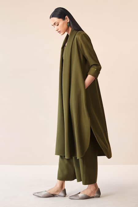 Shop_Ampm_Green Wool Collared, V-neck Adele Plain Jacket And Palazzo Set _at_Aza_Fashions