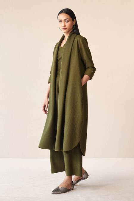 Ampm_Green Wool Collared, V-neck Adele Plain Jacket And Palazzo Set _Online_at_Aza_Fashions