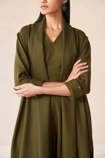 Buy_Ampm_Green Wool Collared, V-neck Adele Plain Jacket And Palazzo Set _Online_at_Aza_Fashions