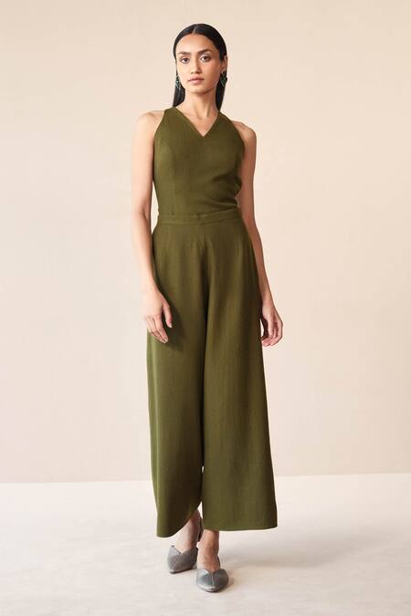 Shop_Ampm_Green Wool Collared, V-neck Adele Plain Jacket And Palazzo Set _Online_at_Aza_Fashions