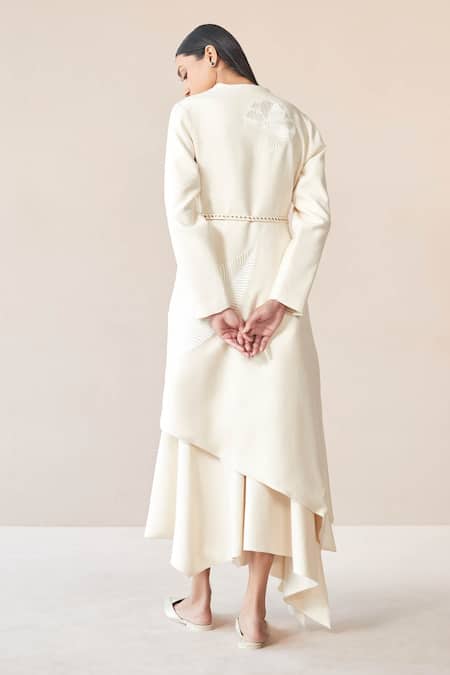 Shop Ampm Ivory Wool Embroidery V-neck Marwa Paan Motif Jacket And Skirt Set at Aza Fashions Shop_Ampm_Ivory Wool Embroidery V-neck Marwa Paan Motif Jacket And Skirt Set _at_Aza_Fashions
