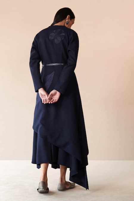 Shop Ampm Blue Wool Embroidery V-neck Marwa Paan Motif Jacket Skirt Set at Aza Fashions Shop_Ampm_Blue Wool Embroidery V-neck Marwa Paan Motif Jacket Skirt Set _at_Aza_Fashions