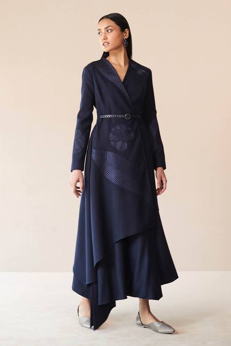 Ampm Blue Wool Embroidery V-neck Marwa Paan Motif Jacket Skirt Set Online at Aza Fashions Ampm_Blue Wool Embroidery V-neck Marwa Paan Motif Jacket Skirt Set _Online_at_Aza_Fashions