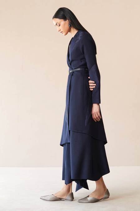 Shop Ampm Blue Wool Embroidery V-neck Marwa Paan Motif Jacket Skirt Set Online at Aza Fashions Shop_Ampm_Blue Wool Embroidery V-neck Marwa Paan Motif Jacket Skirt Set _Online_at_Aza_Fashions