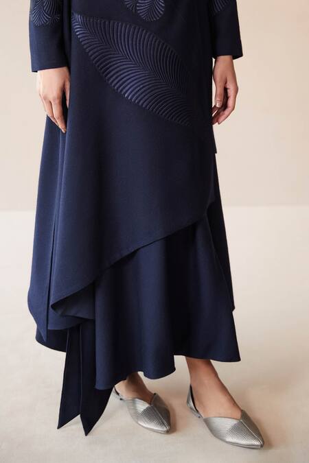 Ampm Blue Wool Embroidery V-neck Marwa Paan Motif Jacket Skirt Set at Aza Fashions Ampm_Blue Wool Embroidery V-neck Marwa Paan Motif Jacket Skirt Set _at_Aza_Fashions