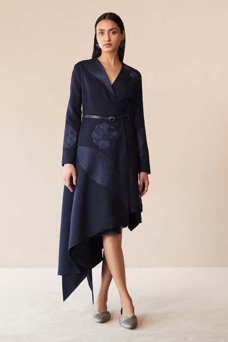 Ampm_Blue Wool Embroidery, Buckles V-neck Marwa Resham Jacket And Short Skirt Set _Online_at_Aza_Fashions