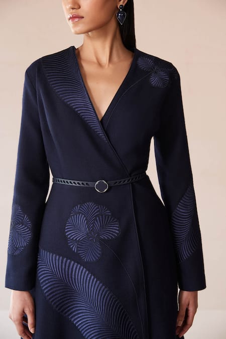 Buy_Ampm_Blue Wool Embroidery, Buckles V-neck Marwa Resham Jacket And Short Skirt Set _Online_at_Aza_Fashions