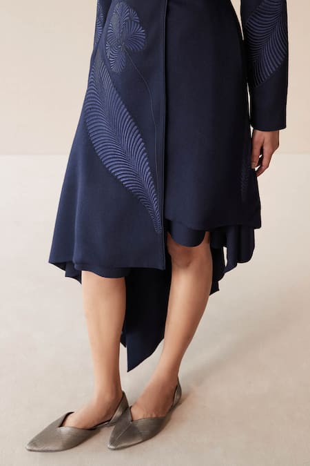 Shop_Ampm_Blue Wool Embroidery, Buckles V-neck Marwa Resham Jacket And Short Skirt Set _Online_at_Aza_Fashions