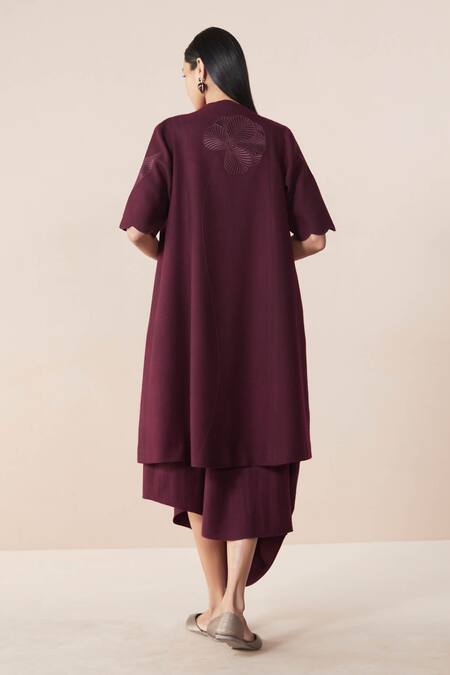 Shop Ampm Burgundy Wool Embroidery Open Neck, Round Neck, Arzu Resham Jacket With Dress at Aza Fashions Shop_Ampm_Burgundy Wool Embroidery Open Neck, Round Neck, Arzu Resham Jacket With Dress_at_Aza_Fashions