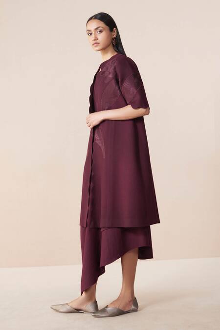 Buy Ampm Burgundy Wool Embroidery Open Neck, Round Neck, Arzu Resham Jacket With Dress Online at Aza Fashions Buy_Ampm_Burgundy Wool Embroidery Open Neck, Round Neck, Arzu Resham Jacket With Dress_Online_at_Aza_Fashions