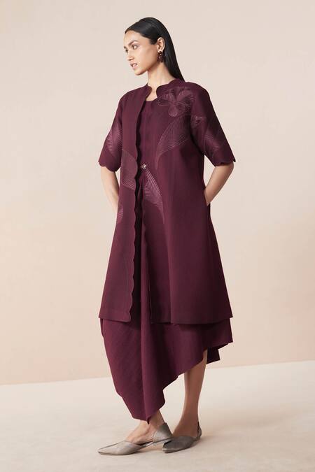 Shop Ampm Burgundy Wool Embroidery Open Neck, Round Neck, Arzu Resham Jacket With Dress Online at Aza Fashions Shop_Ampm_Burgundy Wool Embroidery Open Neck, Round Neck, Arzu Resham Jacket With Dress_Online_at_Aza_Fashions