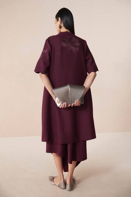 Ampm Burgundy Wool Embroidery Open Neck, Round Neck, Arzu Resham Jacket With Dress at Aza Fashions Ampm_Burgundy Wool Embroidery Open Neck, Round Neck, Arzu Resham Jacket With Dress_at_Aza_Fashions
