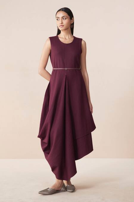 Buy Ampm Burgundy Wool Embroidery Open Neck, Round Neck, Arzu Resham Jacket With Dress Buy_Ampm_Burgundy Wool Embroidery Open Neck, Round Neck, Arzu Resham Jacket With Dress