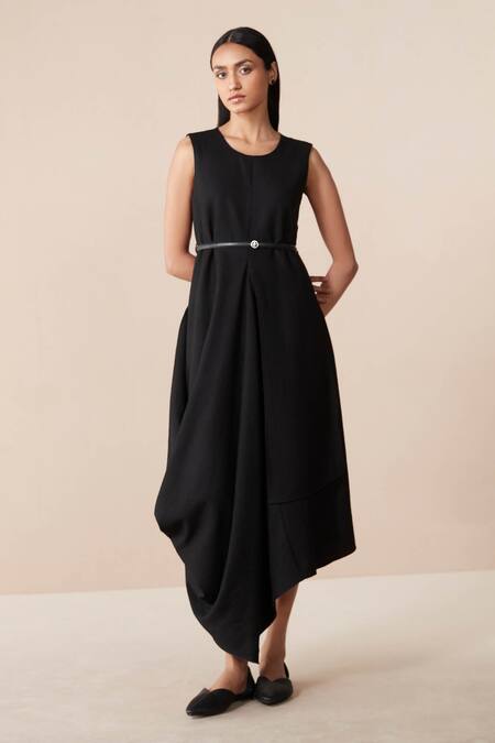 Ampm Black Wool Embroidery Open , Round Jacket And Asymmetric Dress Set Online at Aza Fashions Ampm_Black Wool Embroidery Open , Round Jacket And Asymmetric Dress Set_Online_at_Aza_Fashions