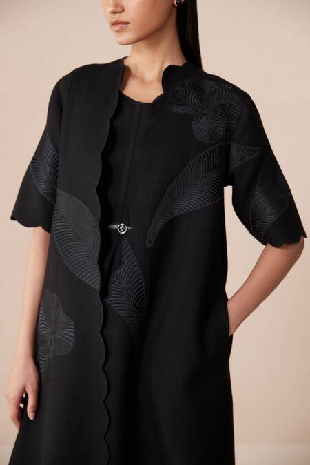Buy Ampm Black Wool Embroidery Open , Round Jacket And Asymmetric Dress Set Online at Aza Fashions Buy_Ampm_Black Wool Embroidery Open , Round Jacket And Asymmetric Dress Set_Online_at_Aza_Fashions