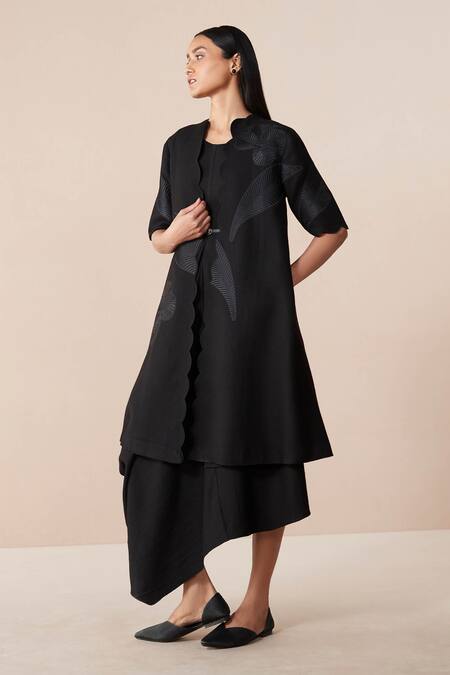 Shop Ampm Black Wool Embroidery Open , Round Jacket And Asymmetric Dress Set Online at Aza Fashions Shop_Ampm_Black Wool Embroidery Open , Round Jacket And Asymmetric Dress Set_Online_at_Aza_Fashions