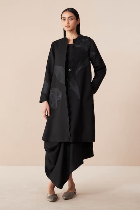 AMPM Black Wool Embroidery Paan Motif Jacket Front Open With Asymmetric Dress 