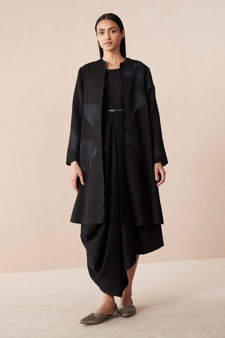 Ampm Black Wool Embroidery Open Neck Jacket With Asymmetric Dress Online at Aza Fashions Ampm_Black Wool Embroidery Open Neck Jacket With Asymmetric Dress_Online_at_Aza_Fashions
