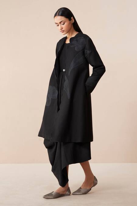 Buy Ampm Black Wool Embroidery Open Neck Jacket With Asymmetric Dress Online at Aza Fashions Buy_Ampm_Black Wool Embroidery Open Neck Jacket With Asymmetric Dress_Online_at_Aza_Fashions