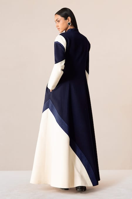 Shop Ampm Blue Wool Embroidery Open Neck Faiz Color Block Jacket at Aza Fashions Shop_Ampm_Blue Wool Embroidery Open Neck Faiz Color Block Jacket _at_Aza_Fashions