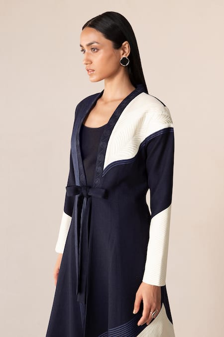 Ampm Blue Wool Embroidery Open Neck Faiz Color Block Jacket Online at Aza Fashions Ampm_Blue Wool Embroidery Open Neck Faiz Color Block Jacket _Online_at_Aza_Fashions