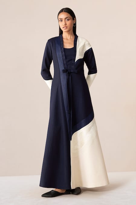 Shop Ampm Blue Wool Embroidery Open Neck Faiz Color Block Jacket Online at Aza Fashions Shop_Ampm_Blue Wool Embroidery Open Neck Faiz Color Block Jacket _Online_at_Aza_Fashions