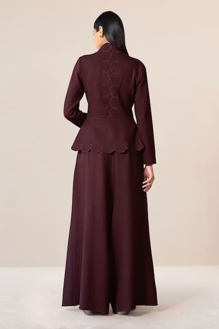 Shop Ampm Burgundy Wool Cut Work High Neck Medha Scallop Hem Peplum Jacket With Palazzo at Aza Fashions Shop_Ampm_Burgundy Wool Cut Work High Neck Medha Scallop Hem Peplum Jacket With Palazzo _at_Aza_Fashions