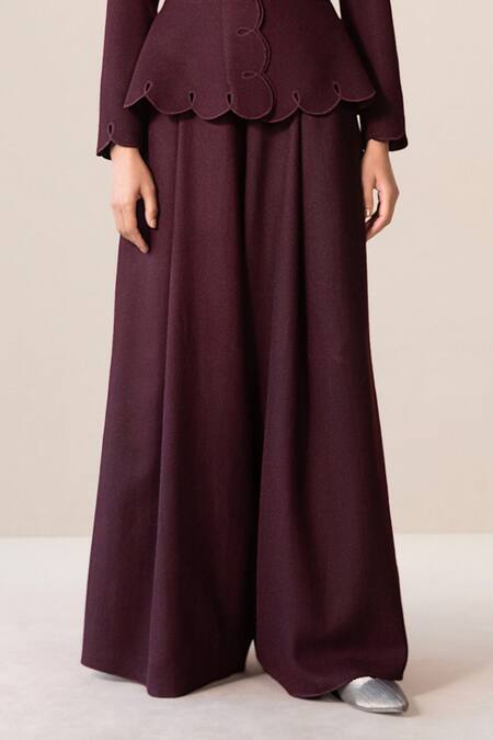 Ampm Burgundy Wool Cut Work High Neck Medha Scallop Hem Peplum Jacket With Palazzo Online at Aza Fashions Ampm_Burgundy Wool Cut Work High Neck Medha Scallop Hem Peplum Jacket With Palazzo _Online_at_Aza_Fashions