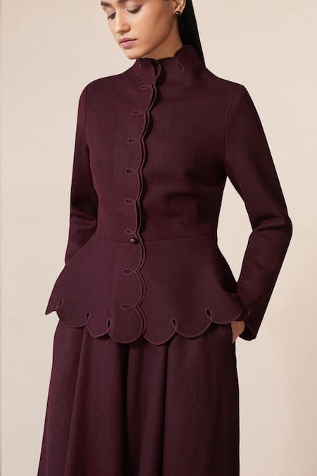 Shop Ampm Burgundy Wool Cut Work High Neck Medha Scallop Hem Peplum Jacket With Palazzo Online at Aza Fashions Shop_Ampm_Burgundy Wool Cut Work High Neck Medha Scallop Hem Peplum Jacket With Palazzo _Online_at_Aza_Fashions